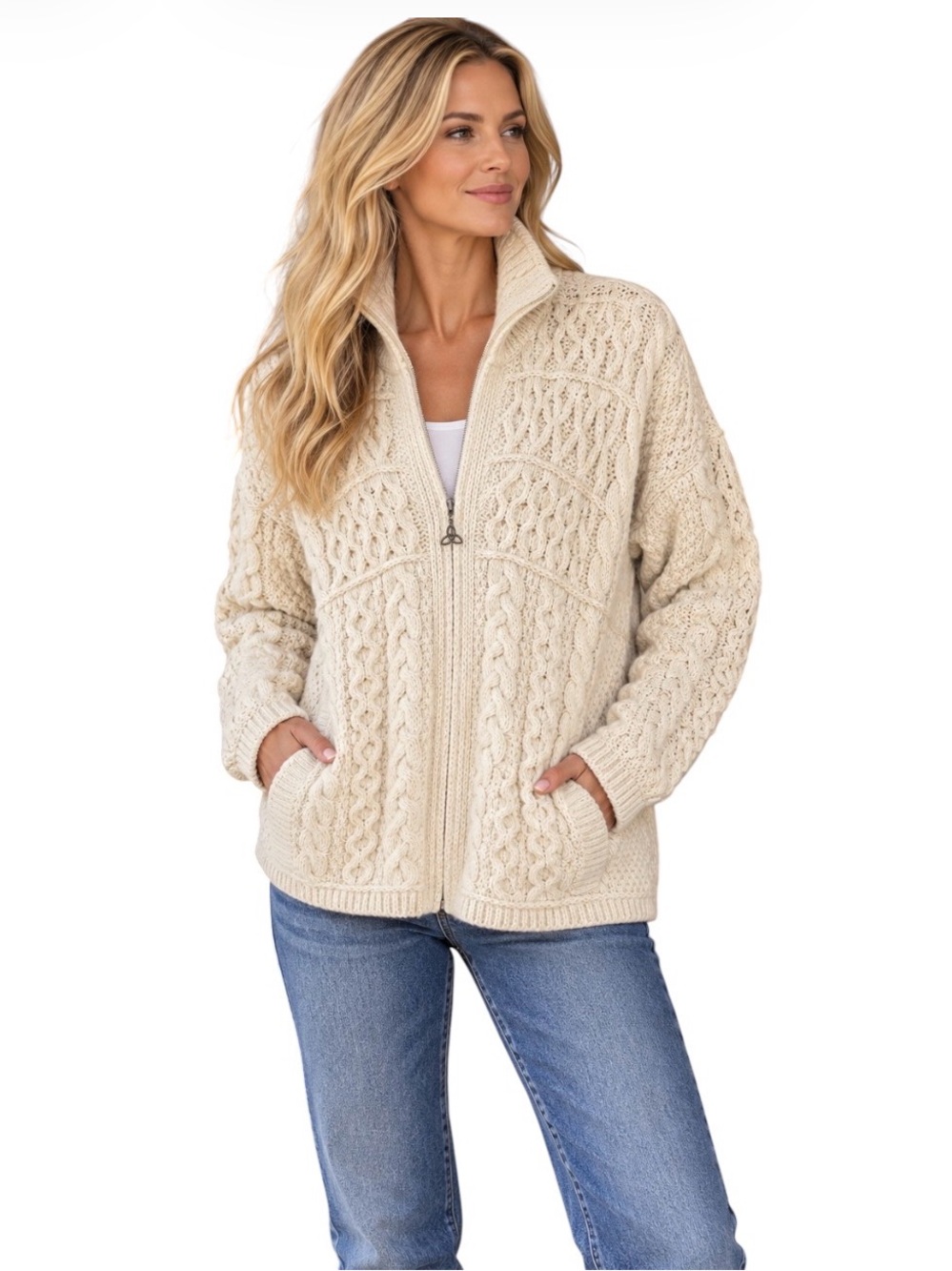 Aran Crafts Irish Wool Cable Knit Zip Up Cardigan 100% Merino Wool L